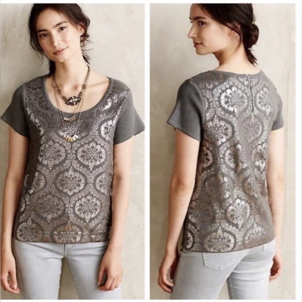 Moth Anthropologie Grey Top Size Medium Silver Shiny Sparkly Boho Style